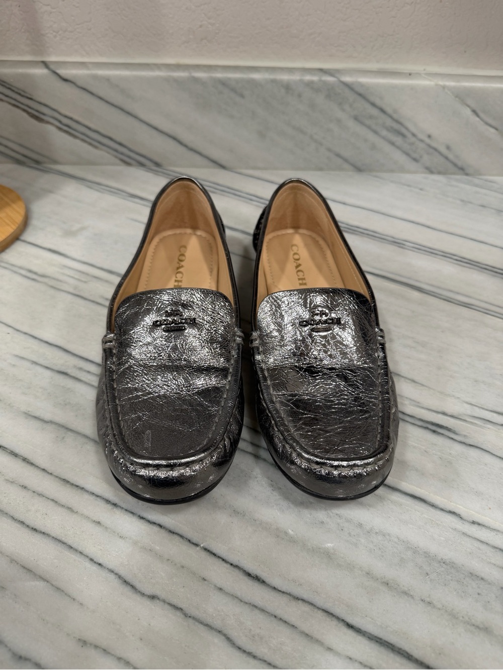 Coach Metallic Silver Penny Loafers